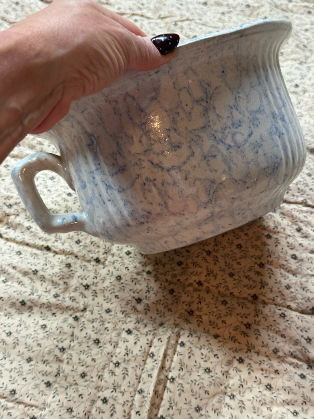 Vintage Blue Spongeware Stoneware Gravy Boat Pitcher Farmhouse Pottery